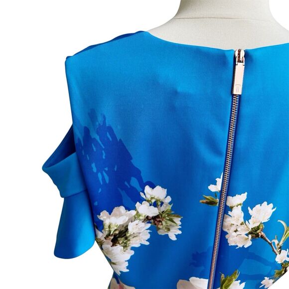 Ted Baker Dress 4 Blue Floral Skater Ambre Harmony Cold Shoulder Flutter Sleeve - Picture 6 of 9